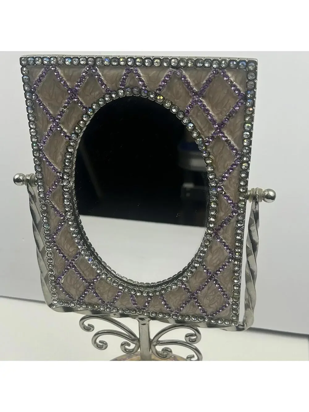 VTG Purple Enamel Lattice Jeweled Swivel Mirror Ornate Vanity Tabletop
